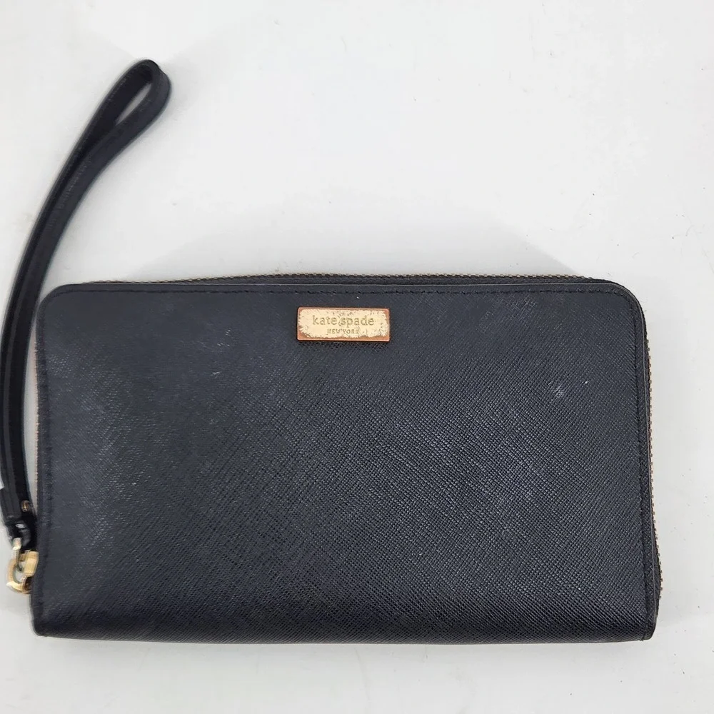 Kate Spade New York Black Leather Zip Around Wristlet Wallet Gold Logo 7x4